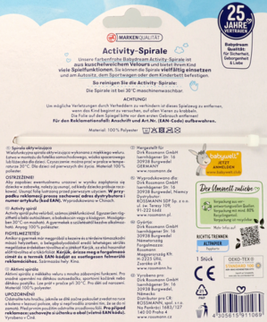 Tył opakowania welurowej spirali aktywizującej Activity-Spirale, z tekstem i certyfikatami, widok z góry.