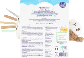 Tył białego opakowania Mothercare Spirala Aktywizująca z weluru. Widoczne pluszowy leniwiec i kolorowe paski dla niemowląt.