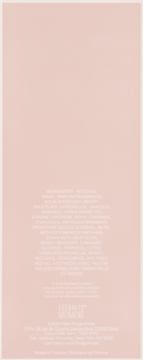 Tył jasnoróżowego opakowania perfum Eternity Moment Calvin Klein z listą składników i producentem.