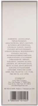 Tył jasnego opakowania perfum Calvin Klein Eternity z widoczną listą składników i kodem kreskowym.