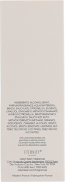 Tył opakowania perfum Calvin Klein Eternity w białym kartonie. Widoczna lista składników i informacja: Made in France.