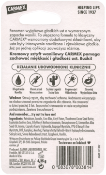 Tył białego opakowania waniliowego balsamu Carmex w sztyfcie, z polskim opisem, składem i kodem kreskowym.
