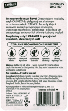 Tył białego opakowania balsamu do ust Carmex w sztyfcie. Widoczny polski opis działania, skład i kod EAN.