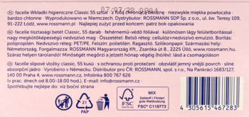 Tył różowego opakowania wkładek Facelle Classic. Widoczne opisy, symbole recyklingu, FSC i kod kreskowy.