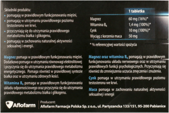 Tył opakowania suplementu MenMag z magnezem dla mężczyzn, czarne, z listą składników i właściwości.