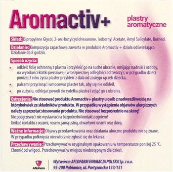 Aromactiv+ plastry aromatyczne. Tył opakowania z widocznymi składnikami i instrukcją użycia.