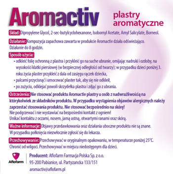 Aromactiv plastry aromatyczne, tył ulotki ze szczegółowym składem, dawkowaniem i ostrzeżeniami w języku polskim.