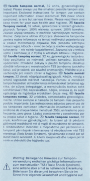 Facelle Tampony Normal 32 szt. etykieta z ostrzeżeniami o TSS w wielu językach i instrukcją użycia.