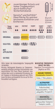 Tył opakowania Facelle Tampony Normal z tabelą chłonności, wymiarami i instrukcją recyklingu.