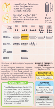 Panel informacyjny tamponów Facelle Normal: tabela chłonności, certyfikat OEKO-TEX i wskazówki segregacji odpadów.