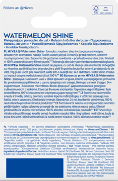 Tył opakowania Nivea Watermelon Shine, dominują multijęzyczne opisy produktu, składniki.