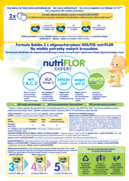 Reklama Bebiko Junior 3 nutriFLOR Expert: grafika produktu z witaminami, minerałami i GOS/FOS dla dzieci.