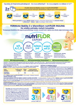 Ulotka Bebiko Junior 3 nutriFLOR EXPERT z grafiką misia, wyróżnia składniki wit. A,C,D, żelazo i inulinę.