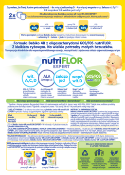 Plakat Bebiko Junior 4R NUTRIflor Expert z kleikiem ryżowym. Wyróżnia GOS/FOS, witaminy A, C, D, ALA, żelazo.
