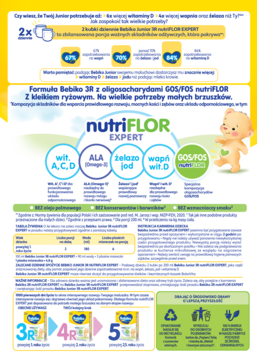 Biało-żółta ulotka Bebiko Junior 3R NUTRIflor EXPERT. Mleko modyfikowane z GOS/FOS i kleikiem ryżowym dla dzieci.