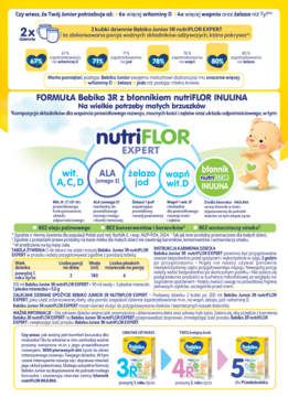 Ulotka reklamowa Bebiko Junior 3R nutriFLOR INULINA z witaminami, minerałami, misiem i pakietami 3, 4, 5.