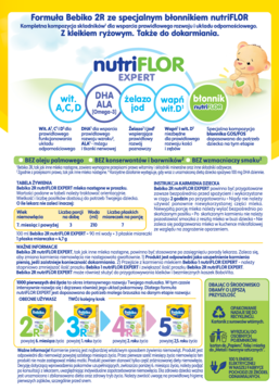Opakowanie Bebiko 2R NUTRIflor Expert z kleikiem ryżowym, z przodu widać składniki i logo, żółto-niebieskie.