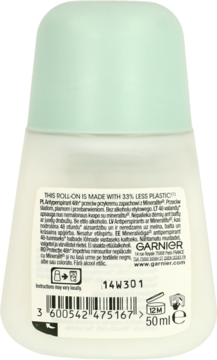 Tył opakowania antyperspirantu Garnier Mineral w białej butelce z zieloną nakrętką, widoczny tekst o 33% mniej plastiku.