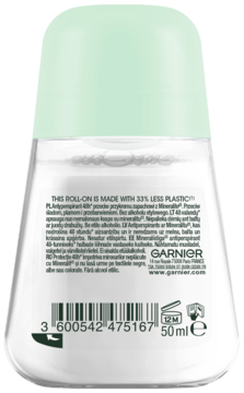 Tył antyperspirantu Garnier Mineral roll-on w przezroczystej butelce z zieloną nakrętką i napisem o mniejszej ilości plastiku.