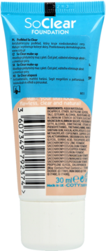 Tył tubki podkładu SoClear Foundation, błękitno-brzoskwiniowy, z widocznym kodem kreskowym i składem, 30 ml.