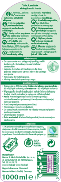 Tył fioletowej butelki Frosch 1000ml. Eko płyn zawiera listę 9 punktów ekologii i recyklingu.