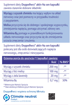 Tył opakowania Doppelherz Na sen z opisem działania chmielu, melisy, witaminy B6 i tabelą składu.
