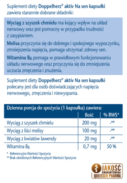 Ulotka Doppelherz aktiv Na sen, suplementu na sen, z opisem działania i tabelą składników: chmiel, melisa, lawenda, witamina B6.