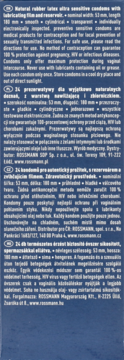 Tekst opisujący prezerwatywy Rossmann: 24 szt., naturalne, 52x180mm, przezroczyste. Białe litery na niebieskim tle.