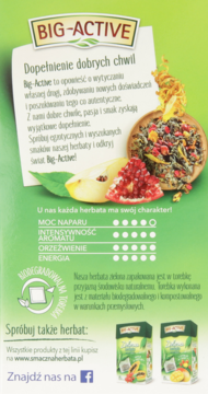 Tył opakowania herbaty Big-Active zielonej: opis, granat, jabłko, ocena cech i informacja o biodegradowalnym opakowaniu.