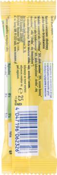 Żółty batonik owocowo-zbożowy jabłko-banan-brzoskwinia, 25g, tył opakowania z kodem kreskowym.