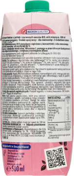Różowy tył nektaru Babydream BIO 500ml dla niemowląt, z zieloną zakrętką, opis składu i wartości.