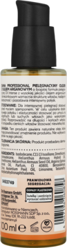 Tył opakowania Isana Professional Olejek Arganowy do włosów suchych 100ml z czarną pompką, lista składników.