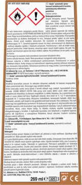Glade automatic spray Sensual Sandalwood & Jasmine, tył opakowania z polskim tekstem i piktogramami ostrzegawczymi.
