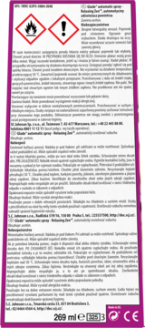Tył fioletowego opakowania odświeżacza Glade Relaxing Zen, z symbolami ostrzegawczymi i opisem w kilku językach.