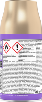 Tył złoto-fioletowego Glade automatic spray Calm Lavender & Jasmine zapas, z ostrzeżeniami i 269 ml.