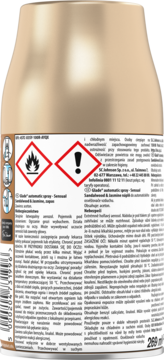 Tył złotego zapasu Glade automatic spray Sensual Sandalwood & Jasmine, z etykietą, tekstem i symbolami ostrzegawczymi.
