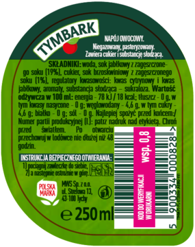 Tymbark Napój Owocowy 250ml, zielona folia zamknięcia z logo jabłka. Widok z góry, widoczny skład i kod kreskowy.
