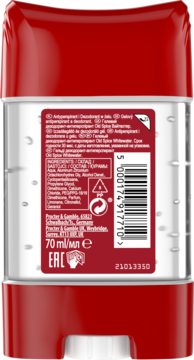 Widok z tyłu antyperspirantu Old Spice Whitewater 70ml w czerwono-przezroczystym sztyfcie, z etykietą i składnikami.