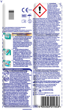 Tył opakowania Corega tabletki czyszczące do protez, z ostrzeżeniami, detalami użycia i kodem kreskowym.