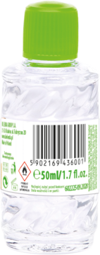 Tył bezacetonowego zmywacza do paznokci w małej, przezroczystej butelce z zieloną zakrętką, z kodem kreskowym i objętością 50ml.