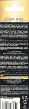 Tył czarnego opakowania SOS Lash Booster, serum do rzęs 5w1, z opisem i złotym paskiem.