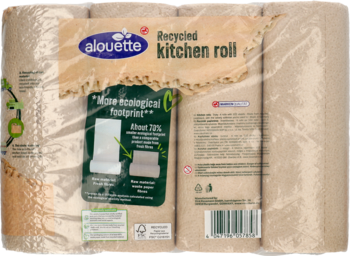 Alouette Recycled kitchen roll, 4 brązowe, 3-warstwowe rolki w transparentnej folii, widoczne etykiety.