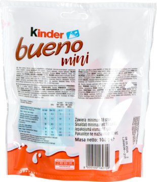 KINDER Bueno Mini,wafel pokryty mleczną czekoladą wypełniony mleczno-orzechowym nadzieniem,tył
