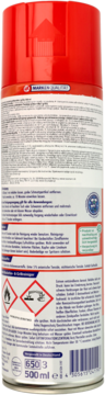 Tył srebrnego sprayu Domol do czyszczenia piekarnika 500 ml z czerwoną nakrętką i symbolami ostrzegawczymi.