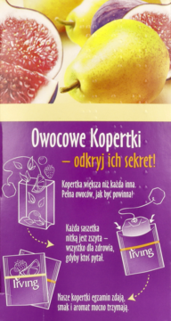 Fioletowe opakowanie herbaty Irving, z napisami Owocowe Kopertki, ilustracjami saszetek i owoców.