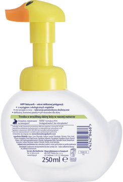 Tył pianki-kaczuszki HiPP Babysanft Sensitive do mycia, 250ml. Etykieta ze składem i kodem.