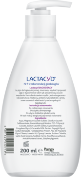 Tył białej butelki Lactacyd Łagodzący płynu intymnego z pompką, widoczny opis produktu, skład i pojemność 200 ml.