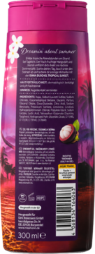 Tył kremowego żelu pod prysznic I DANA Tropical Sunset 300 ml, z listą składników i grafiką mangostanu.