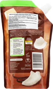 Tył brązowo-zielonego opakowania uzupełniającego mydła w płynie kokos i wanilia, z listą składników i pojemnością 500 ml.