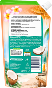 Tył elastycznego opakowania uzupełniającego mydła Isana Coco Lagoon, widoczne kokosy, skład i pojemność 850ml.